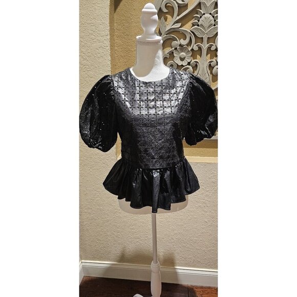 English Factory Black Faux Leather Peplum Top W/ Puff Sleeves & Eyelet Detail - Picture 1 of 9